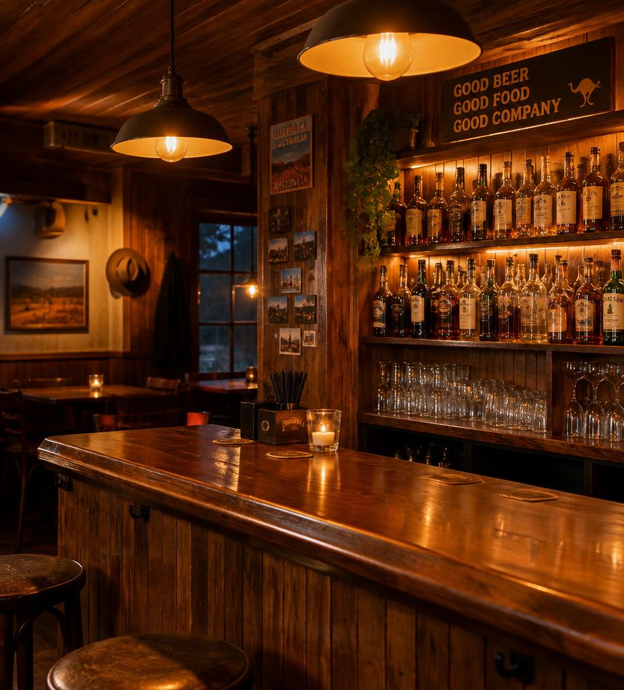 Warm-lit timber bar corner with bottles and glass in evening glow