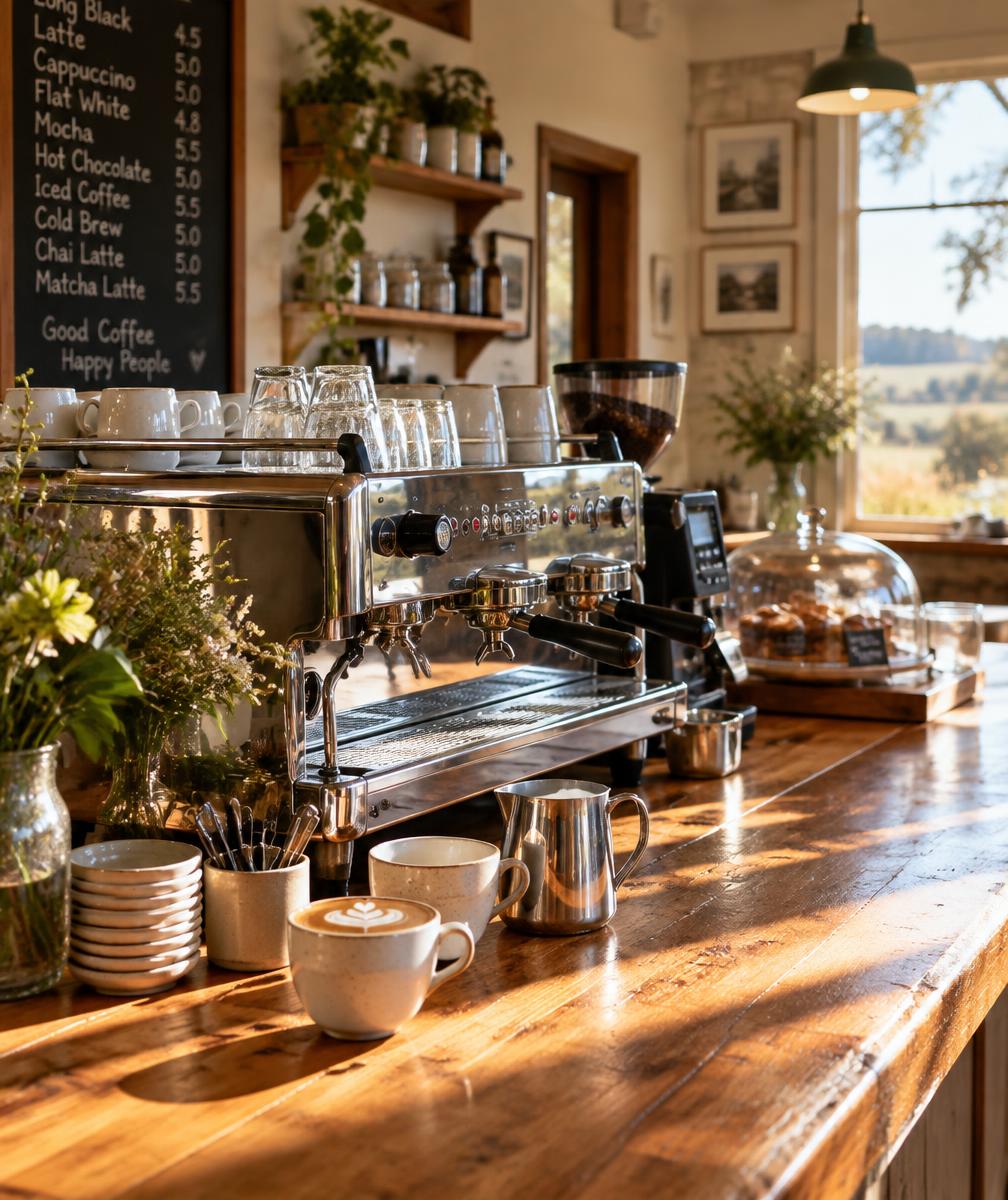 Sunlit cafe counter with espresso machine and timber benchtop